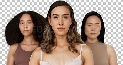 Diversity, beauty and women, portrait and skincare with wellness, dermatology and glow on studio background. Different skin, unique and inclusion with model group in a studio, cosmetics and face