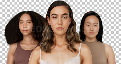 Buy stock photo Beauty, diversity or women for serious in portrait, inclusion or confident with dermatology glow or make up. Face, pride or people in skin care for cosmetics or isolated on transparent png background