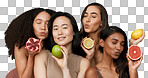 Women, portrait and beauty, diversity and fruit with dermatology and friends on studio background. Unique skin, natural cosmetics and inclusion, eco friendly skincare, smile and citrus for vitamin c