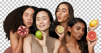 Buy stock photo Women, portrait and beauty for diversity with fruit for dermatology for skincare. Female model, inclusion and community on isolated or transparent png background for natural, cosmetics or vitamin c