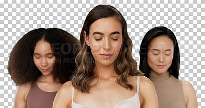 Buy stock photo Beauty, diversity or women with closed eyes, inclusion or relax wellness with dermatology glow. Model, mindfulness  or global people skin care for cosmetics or isolated on transparent png background