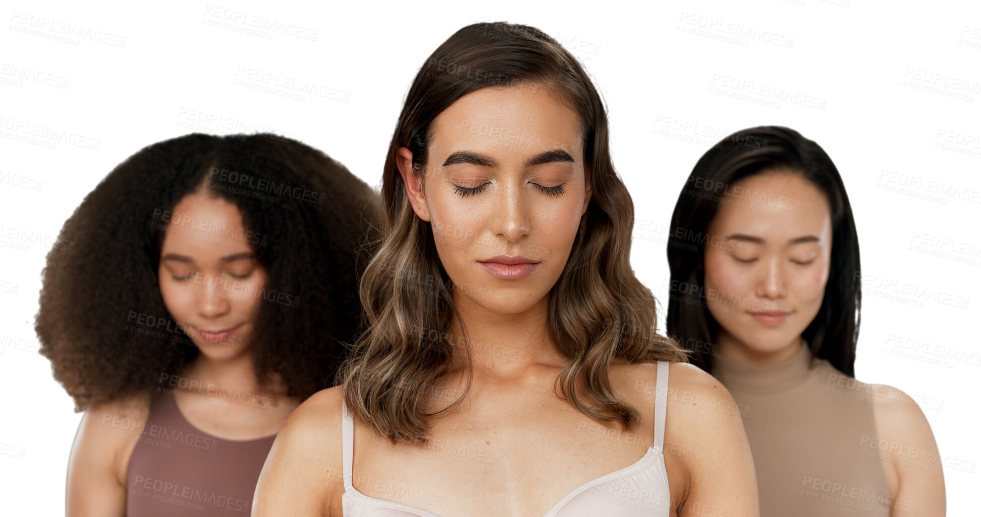 Buy stock photo Beauty, diversity or women with closed eyes, inclusion or relax wellness with dermatology glow. Model, mindfulness  or global people skin care for cosmetics or isolated on transparent png background