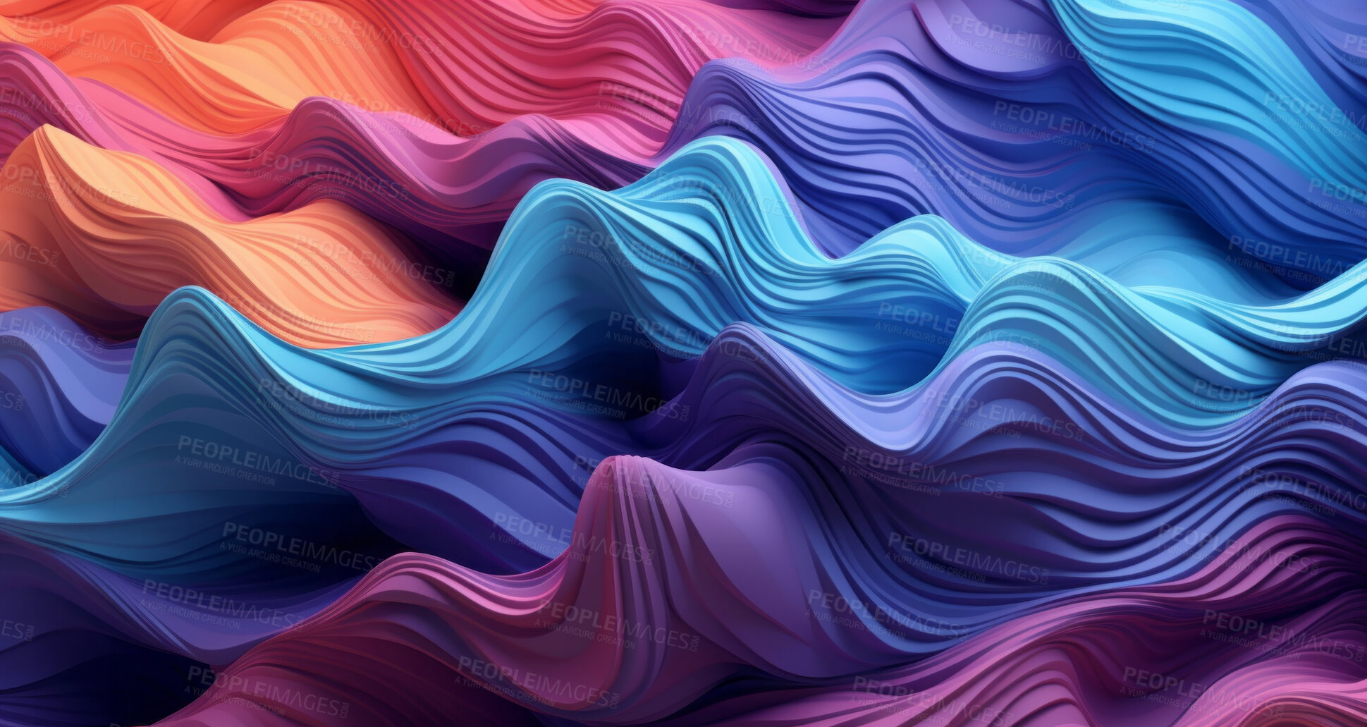 Buy stock photo Abstract, fabric and wave render on a black background for design, wallpaper or backdrop. Colourful, vibrant material and holographic fluid closeup of curves graphic for science, 3d art and creativity