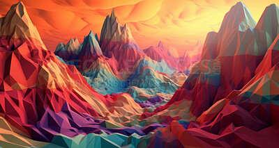 Abstract, mountain and wave render on a background for design, wallpaper or backdrop. Colourful, vibrant material and holographic layer closeup of poly graphic for science, 3d art and creativity