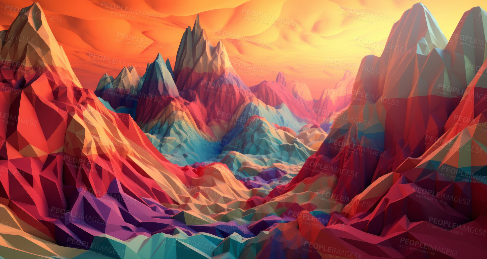 Buy stock photo Abstract, mountain and wave render on a background for design, wallpaper or backdrop. Colourful, vibrant material and holographic layer closeup of poly graphic for science, 3d art and creativity