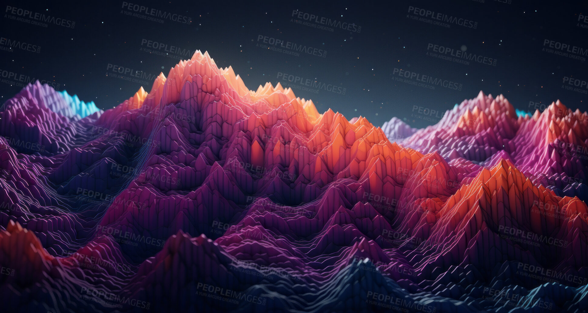 Buy stock photo Abstract, mountain and wave render on a background for design, wallpaper or backdrop. Colourful, vibrant material and holographic layer closeup of poly graphic for science, 3d art and creativity