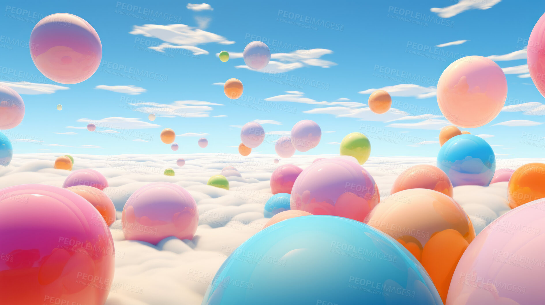 Buy stock photo Spheres, balls or balloons floating on a sky background for celebration, birthday or event. Colourful, vivid and creative 3d rendering of a fantasy mockup for artistic design, wallpaper and graphic