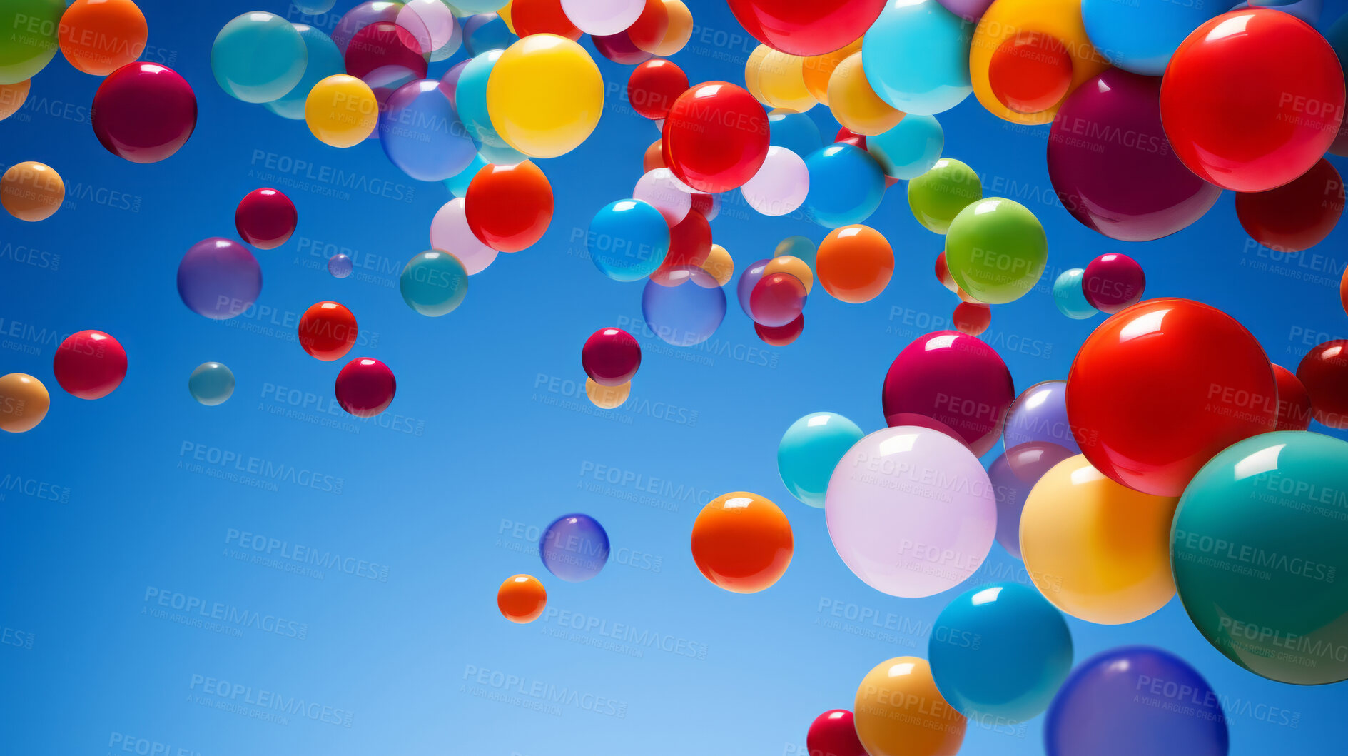 Buy stock photo Spheres, balls or balloons floating on a sky background for celebration, birthday or event. Colourful, vivid and creative 3d rendering of a fantasy mockup for artistic design, wallpaper and graphic