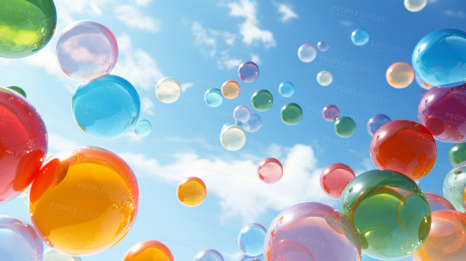 Buy stock photo Spheres, balls or balloons floating on a sky background for celebration, birthday or event. Colourful, vivid and creative 3d rendering of a fantasy mockup for artistic design, wallpaper and graphic