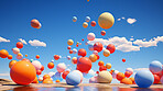 Spheres, balls or balloons floating on a sky background for celebration, birthday or event. Colourful, vivid and creative 3d rendering of a fantasy mockup for artistic design, wallpaper and graphic