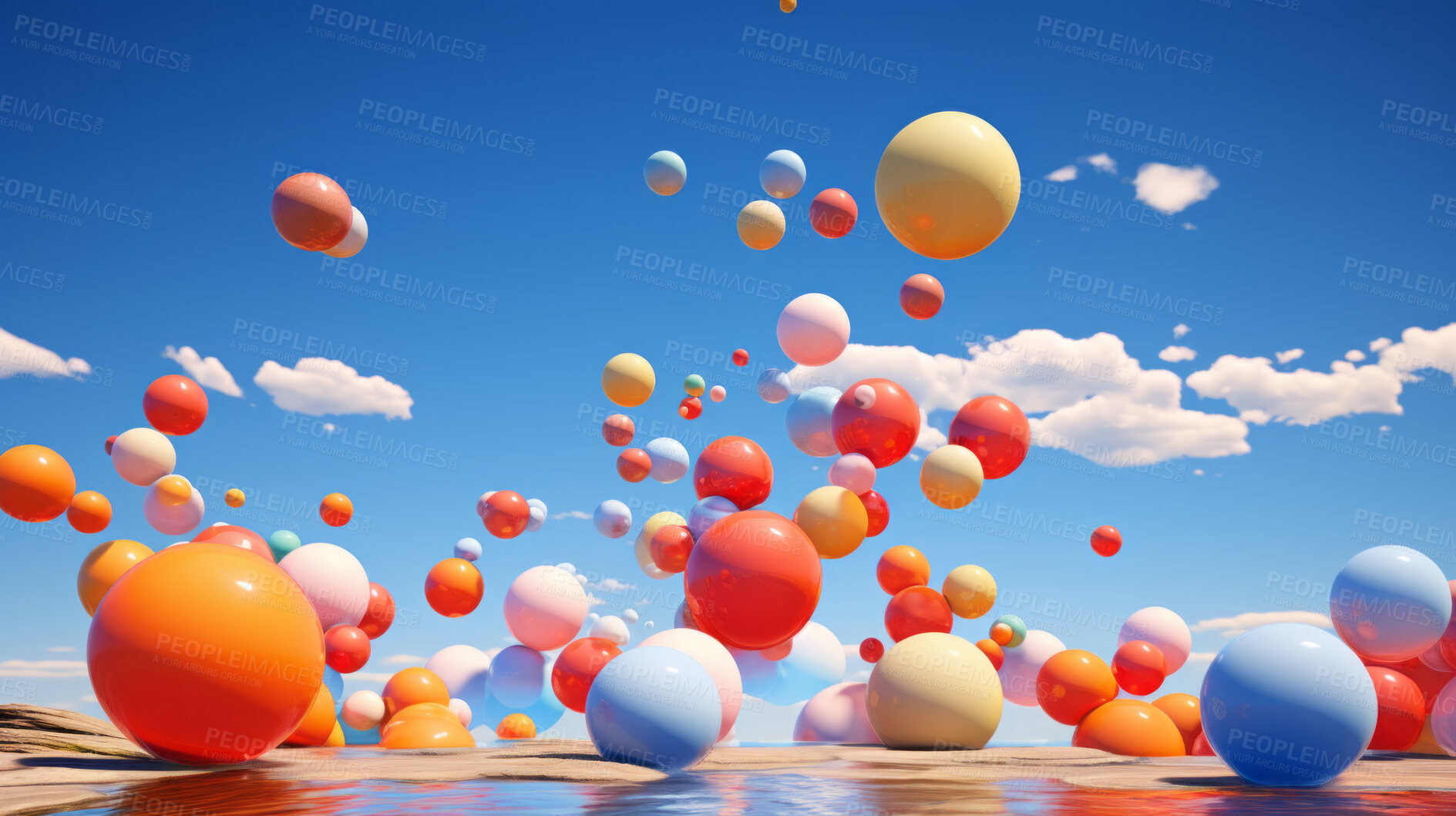 Buy stock photo Spheres, balls or balloons floating on a sky background for celebration, birthday or event. Colourful, vivid and creative 3d rendering of a fantasy mockup for artistic design, wallpaper and graphic