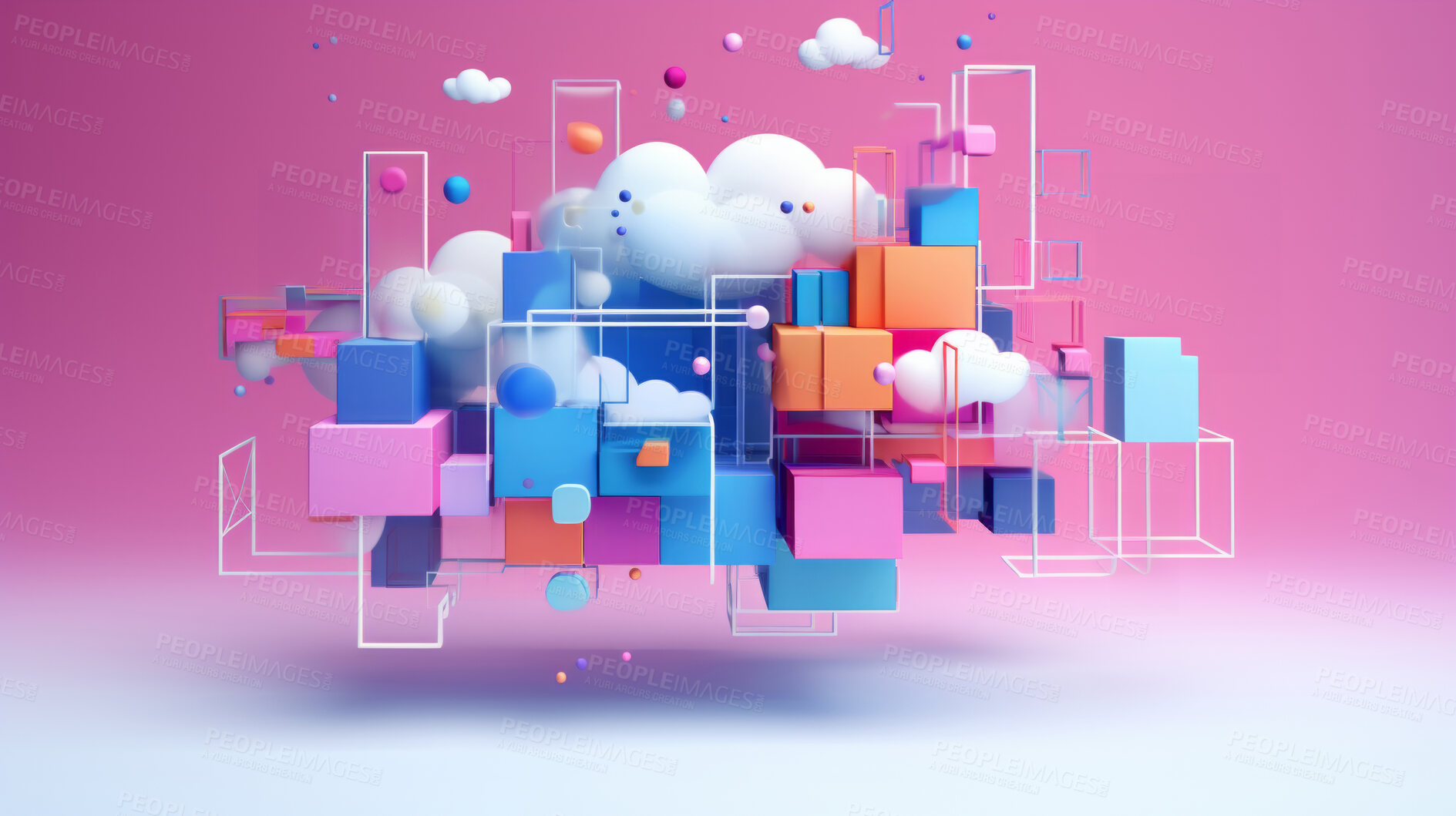 Buy stock photo Cloud, blockchain and network connection of 3d render shapes for online storage, big data and security software. Colourful, vibrant and creative mockup wallpaper on a pink and blue background