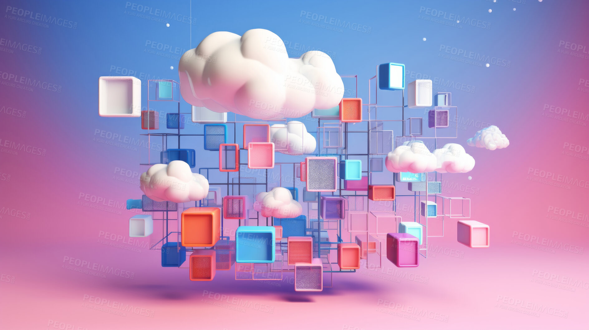 Buy stock photo Cloud, blockchain and network connection of 3d render shapes for online storage, big data and security software. Colourful, vibrant and creative mockup wallpaper on a pink and blue background