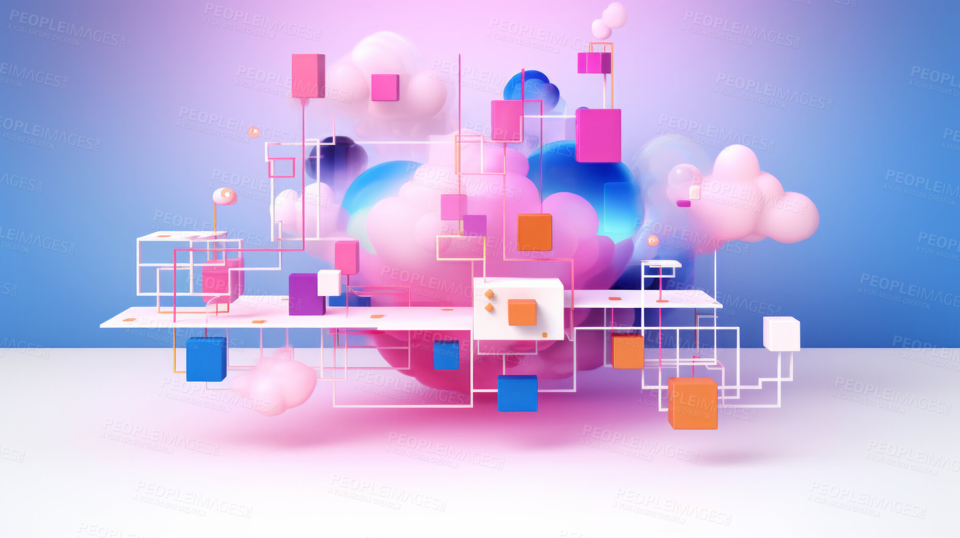 Buy stock photo Cloud, blockchain and network connection of 3d render shapes for online storage, big data and security software. Colourful, vibrant and creative mockup wallpaper on a pink and blue background