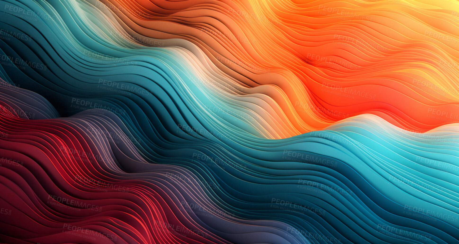 Buy stock photo Abstract, fabric and wave render on a background for design, wallpaper or backdrop. Colourful, vibrant material and holographic fluid closeup of curves graphic for science, 3d art and creativity