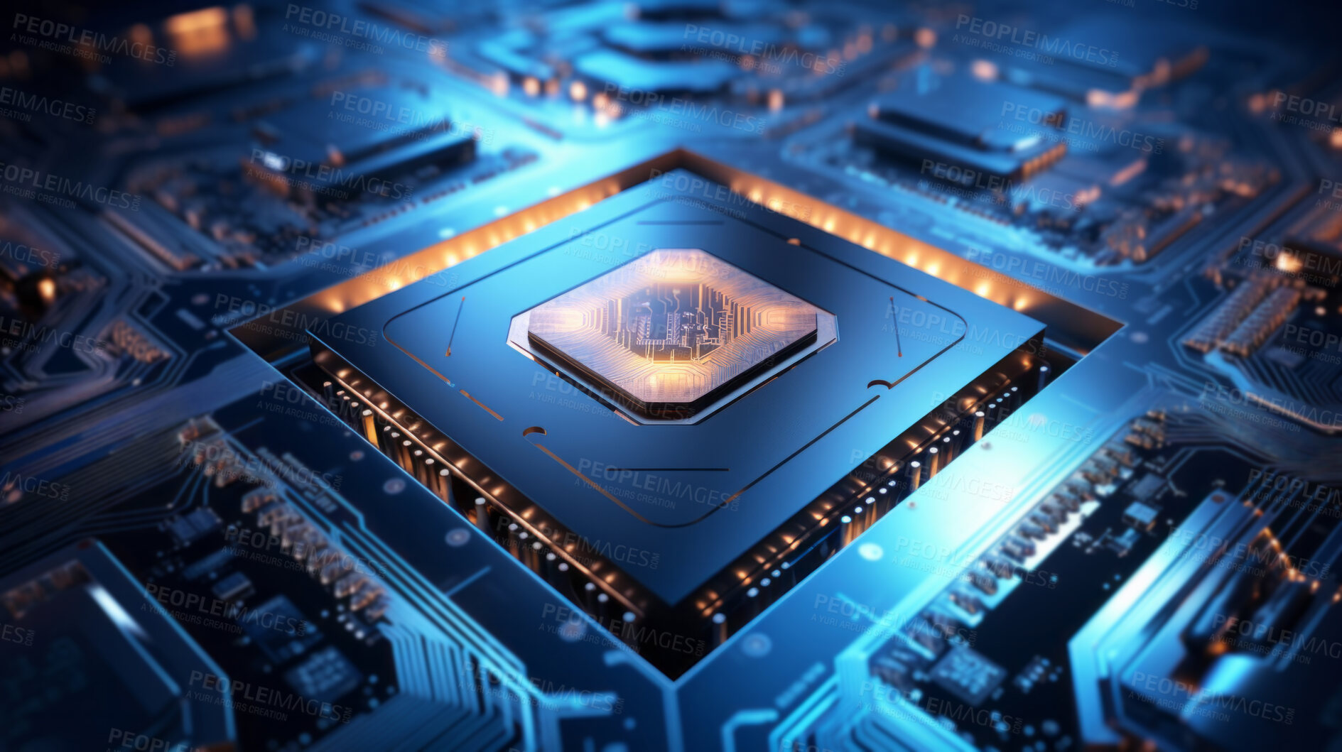 Buy stock photo Central Computer Processors and CPU mockup 3d render for quantum computing, data and graphics. Neon, blue and futuristic gpu chip design closeup for online business, microchip and science engineer