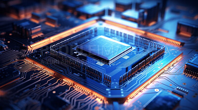Central Computer Processors and CPU mockup 3d render for quantum computing, data and graphics. Neon, blue and futuristic gpu chip design closeup for online business, microchip and science engineer