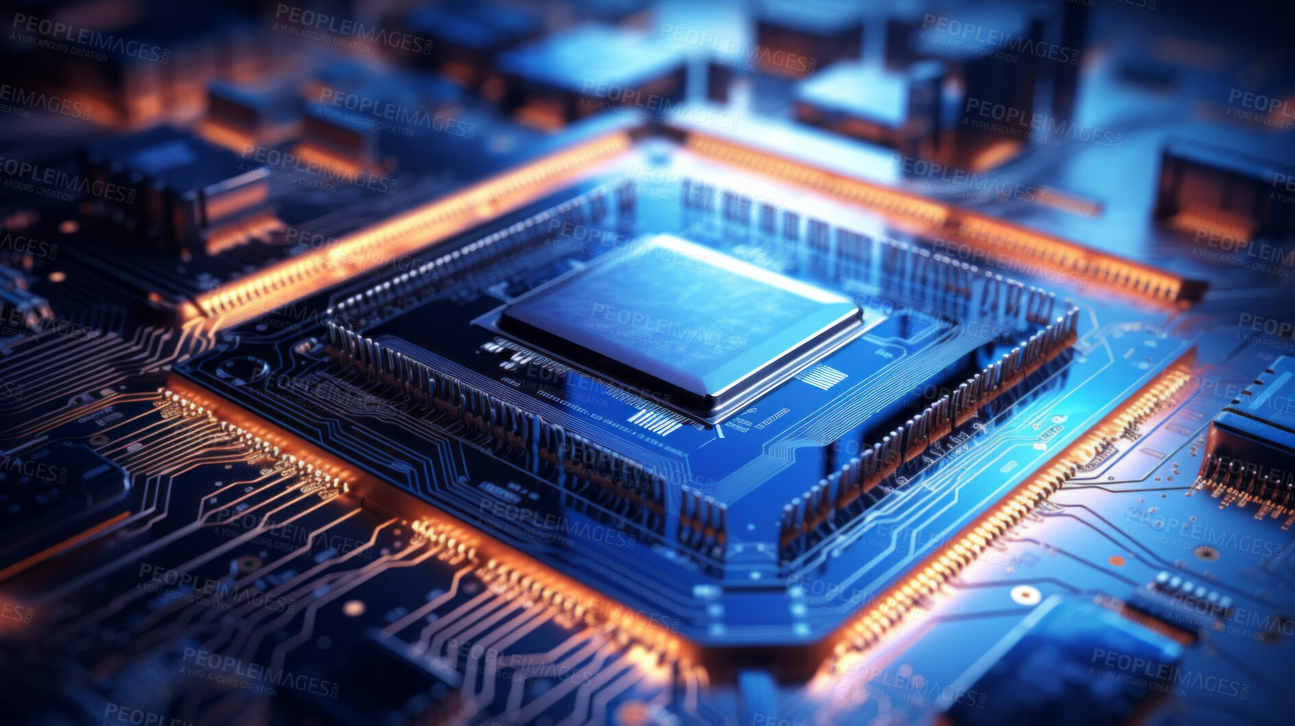 Buy stock photo Central Computer Processors and CPU mockup 3d render for quantum computing, data and graphics. Neon, blue and futuristic gpu chip design closeup for online business, microchip and science engineer