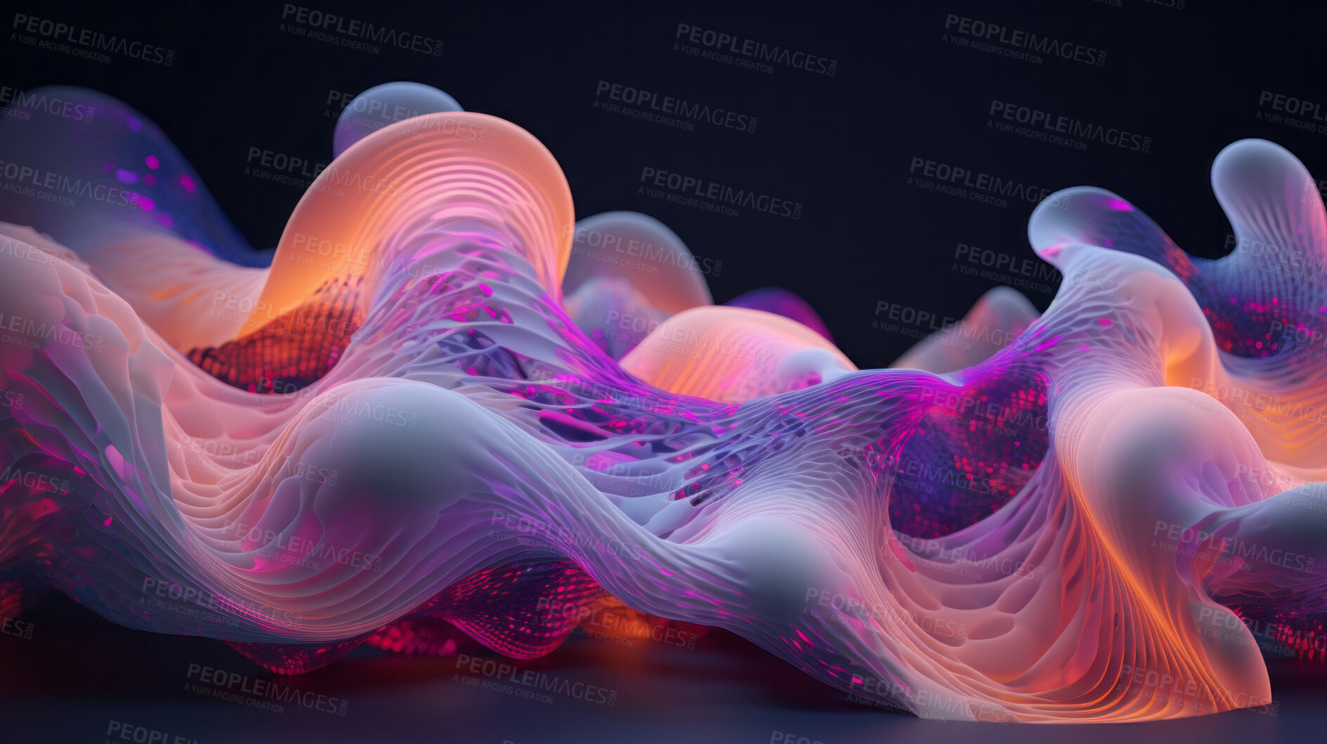 Buy stock photo Abstract, fabric and wave render on a black background for design, wallpaper or backdrop. Colourful, vibrant material and holographic fluid closeup of curves graphic for science, 3d art and creativity