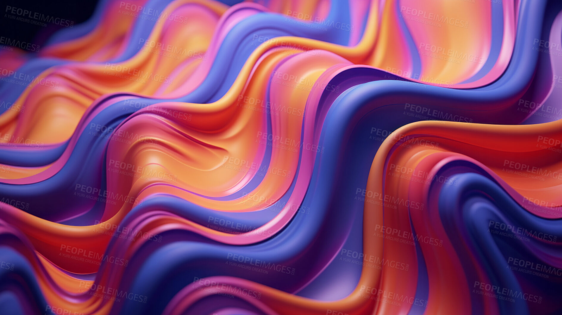Buy stock photo Abstract, fabric and wave render on a black background for design, wallpaper or backdrop. Colourful, vibrant material and holographic fluid closeup of curves graphic for science, 3d art and creativity