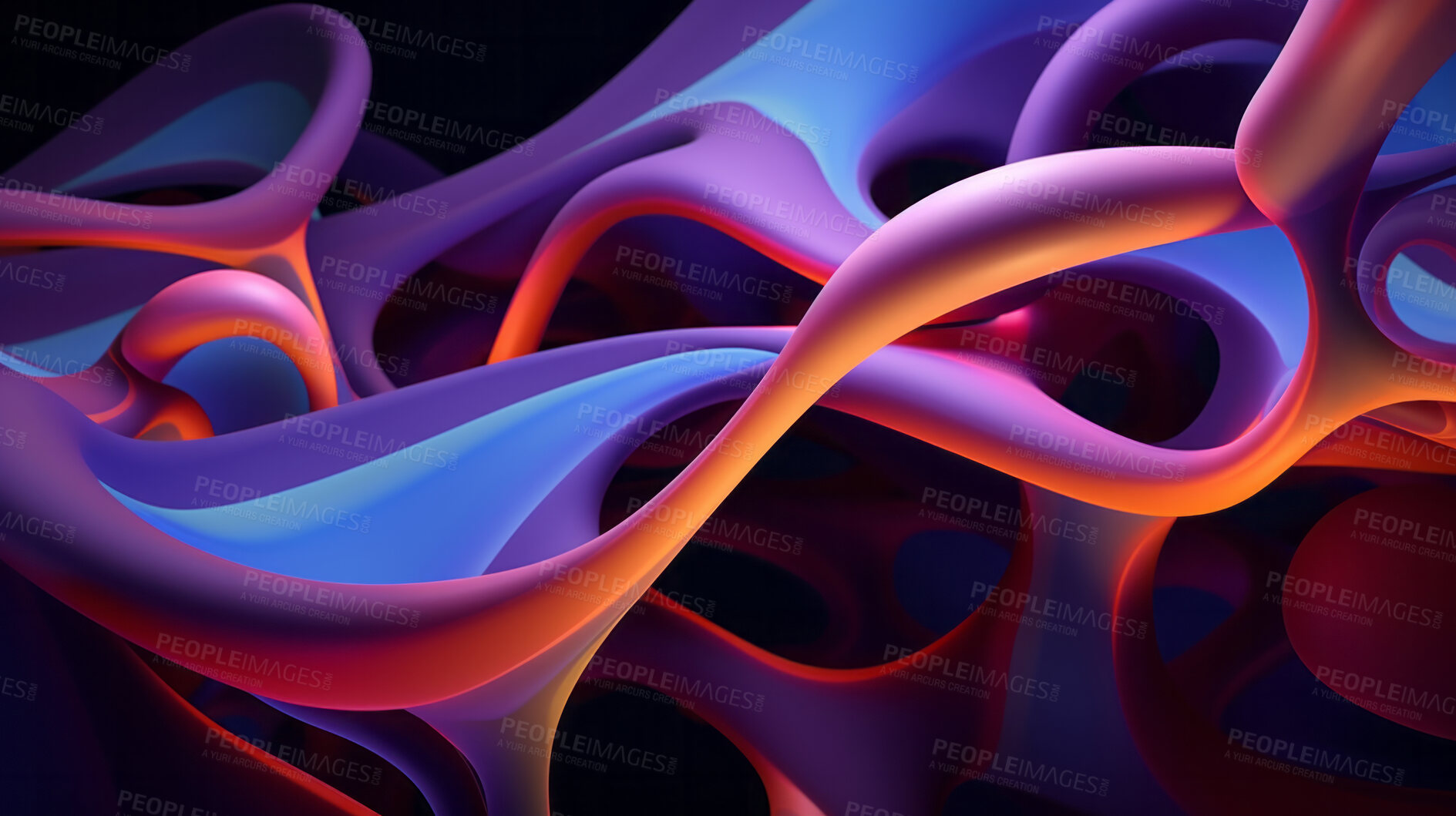 Buy stock photo Abstract, fabric and wave render on a black background for design, wallpaper or backdrop. Colourful, vibrant material and holographic fluid closeup of curves graphic for science, 3d art and creativity