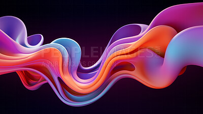 Buy stock photo Abstract, fabric and wave render on a black background for design, wallpaper or backdrop. Colourful, vibrant material and holographic fluid closeup of curves graphic for science, 3d art and creativity