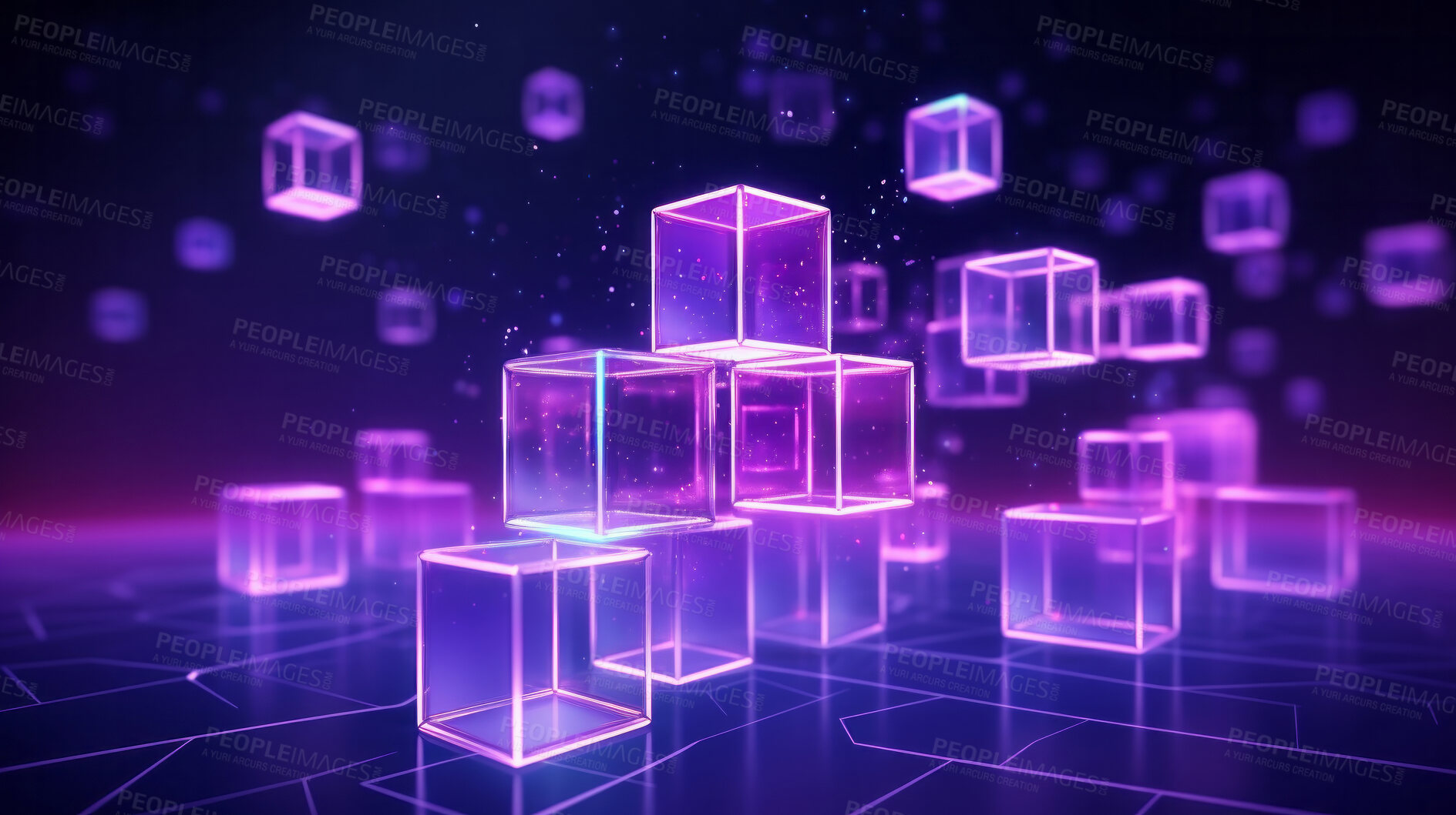 Buy stock photo Abstract, blockchain and online storage technology for data, security and network connection. Neon, glow and purple squares on black background illustration for matrix, metaverse and cyberspace