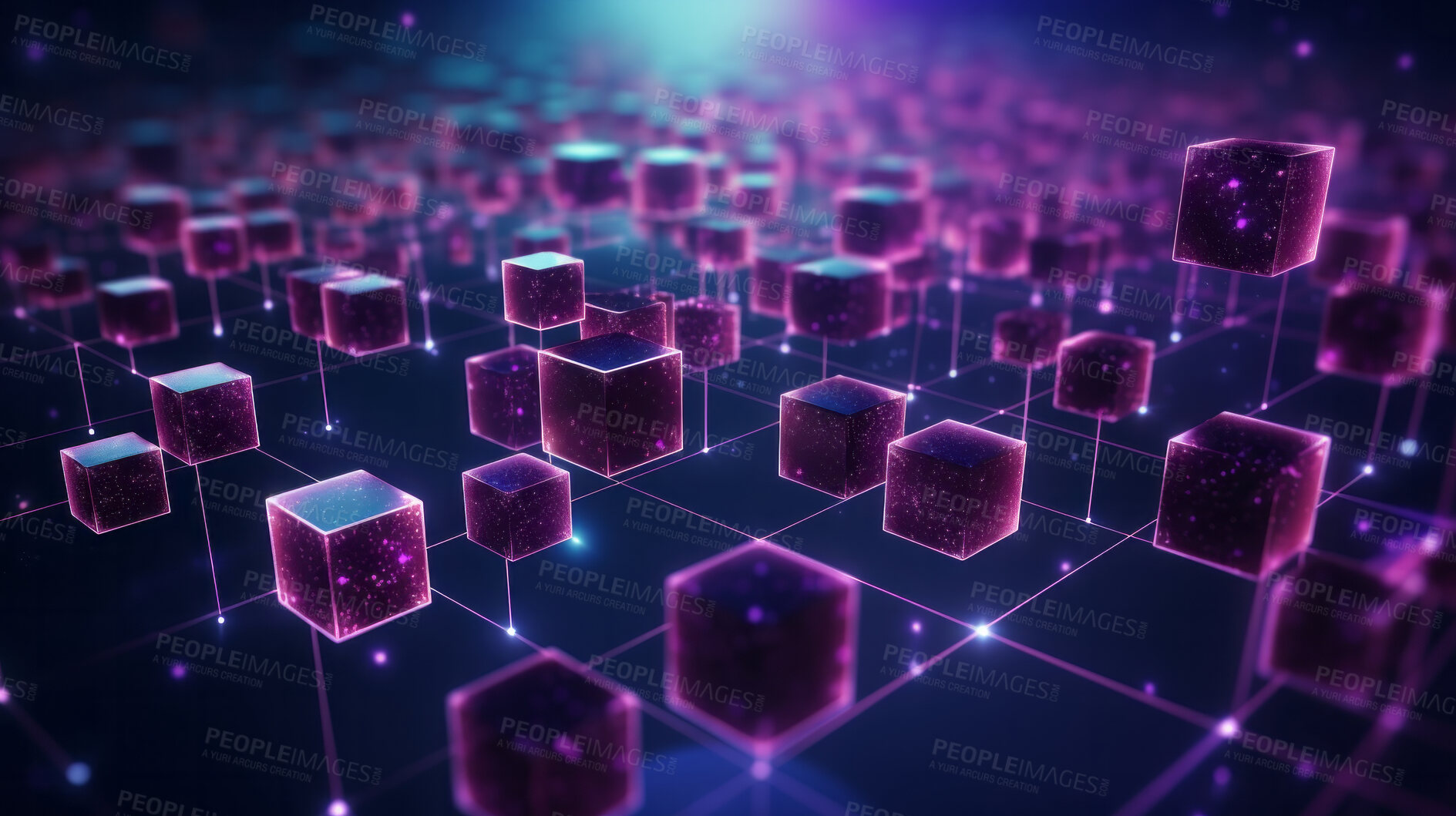 Buy stock photo Abstract, blockchain and online storage technology for data, security and network connection. Neon, glow and purple squares on black background illustration for matrix, metaverse and cyberspace