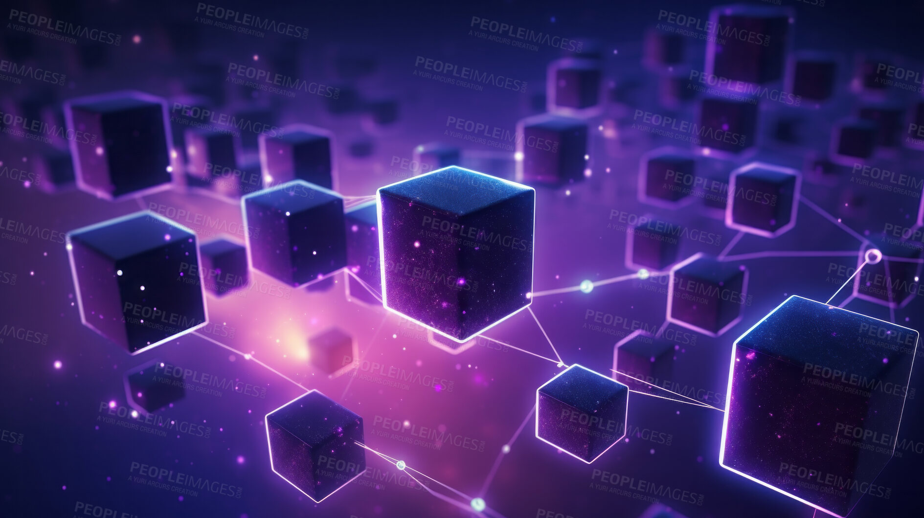 Buy stock photo Abstract, blockchain and online storage technology for data, security and network connection. Neon, glow and purple squares on black background illustration for matrix, metaverse and cyberspace