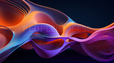 Abstract, fabric and wave render on a black background for design, wallpaper or backdrop. Colourful, vibrant material and holographic fluid closeup of curves graphic for science, 3d art and creativity
