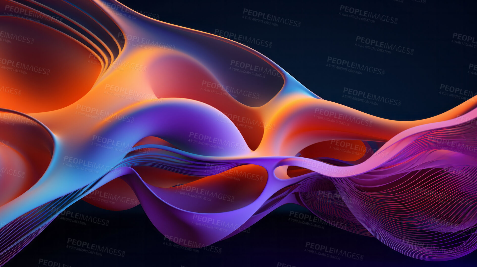 Buy stock photo Abstract, fabric and wave render on a black background for design, wallpaper or backdrop. Colourful, vibrant material and holographic fluid closeup of curves graphic for science, 3d art and creativity