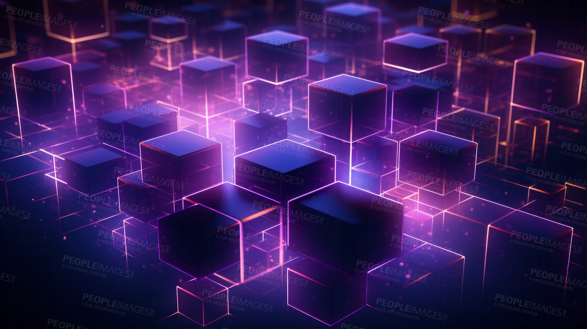 Buy stock photo Abstract, blockchain and online storage technology for data, security and network connection. Neon, glow and purple squares on black background illustration for matrix, metaverse and cyberspace