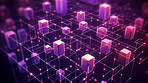 Abstract, blockchain and online storage technology for data, security and network connection. Neon, glow and purple squares on black background illustration for matrix, metaverse and cyberspace