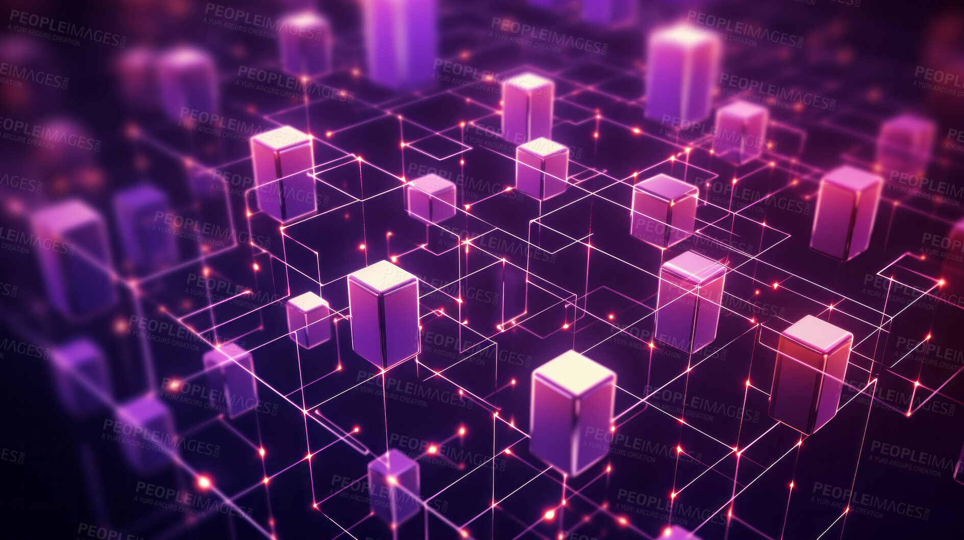 Buy stock photo Abstract, blockchain and online storage technology for data, security and network connection. Neon, glow and purple squares on black background illustration for matrix, metaverse and cyberspace