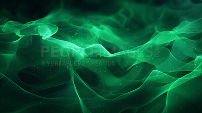 Abstract, energy and green motion waves on a black background for wallpaper, design and eco science. Neon, effect and vibrant creative nature graphic for environment, ecology and sustainability