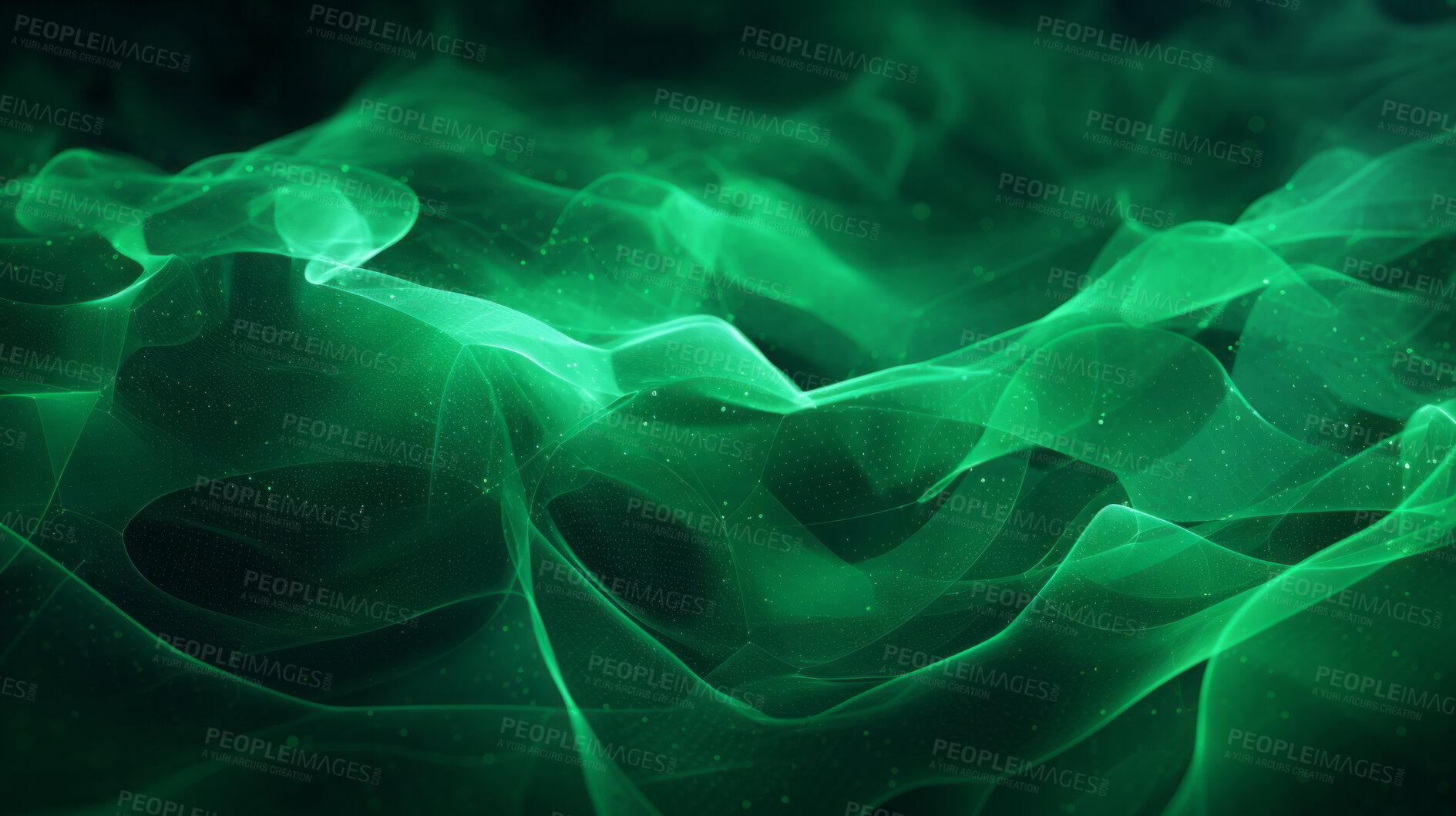 Buy stock photo Abstract, energy and green motion waves on a black background for wallpaper, design and eco science. Neon, effect and vibrant creative nature graphic for environment, ecology and sustainability