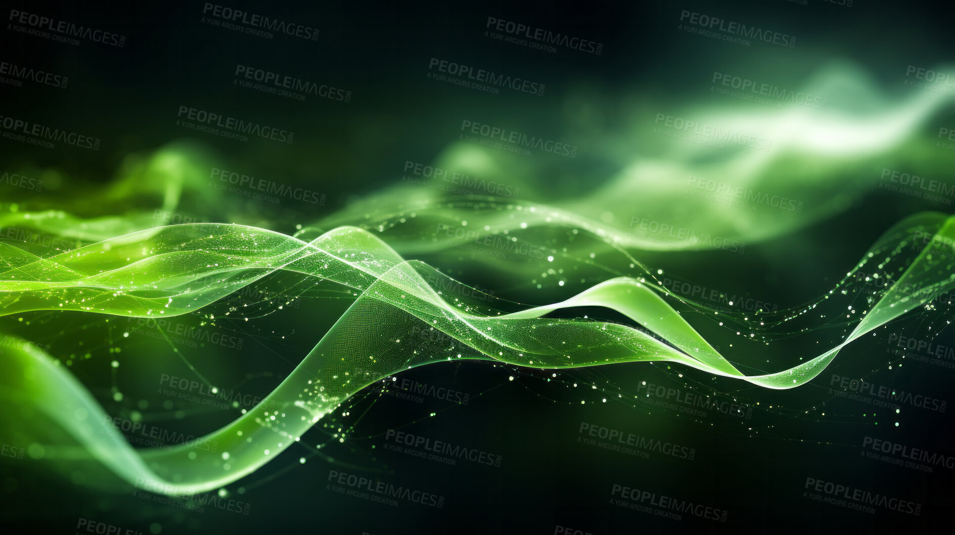 Buy stock photo Abstract, energy and green motion waves on a black background for wallpaper, design and eco science. Neon, effect and vibrant creative nature graphic for environment, ecology and sustainability