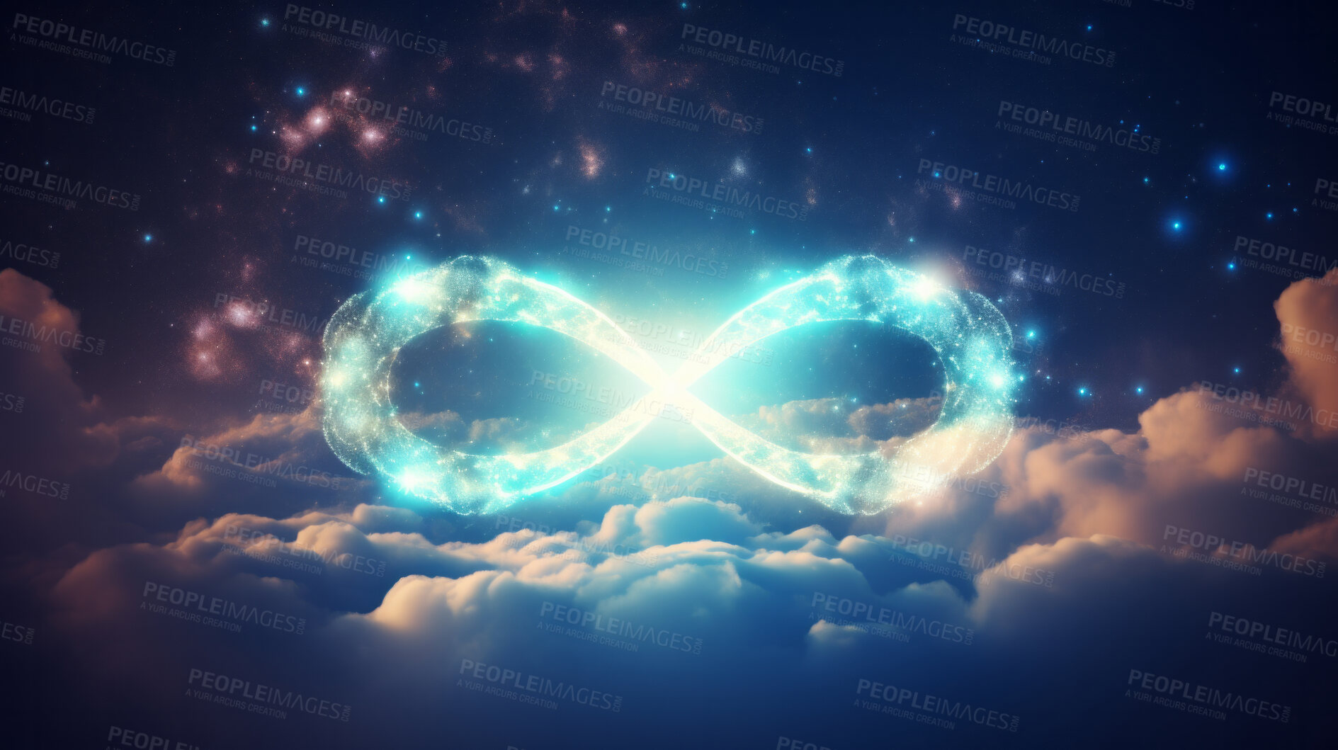 Buy stock photo Infinity, symbol and icon in space for science, education and technology. Starry, sky and illustration design on a dark background for network connection, endless energy and limitless thinking mockup