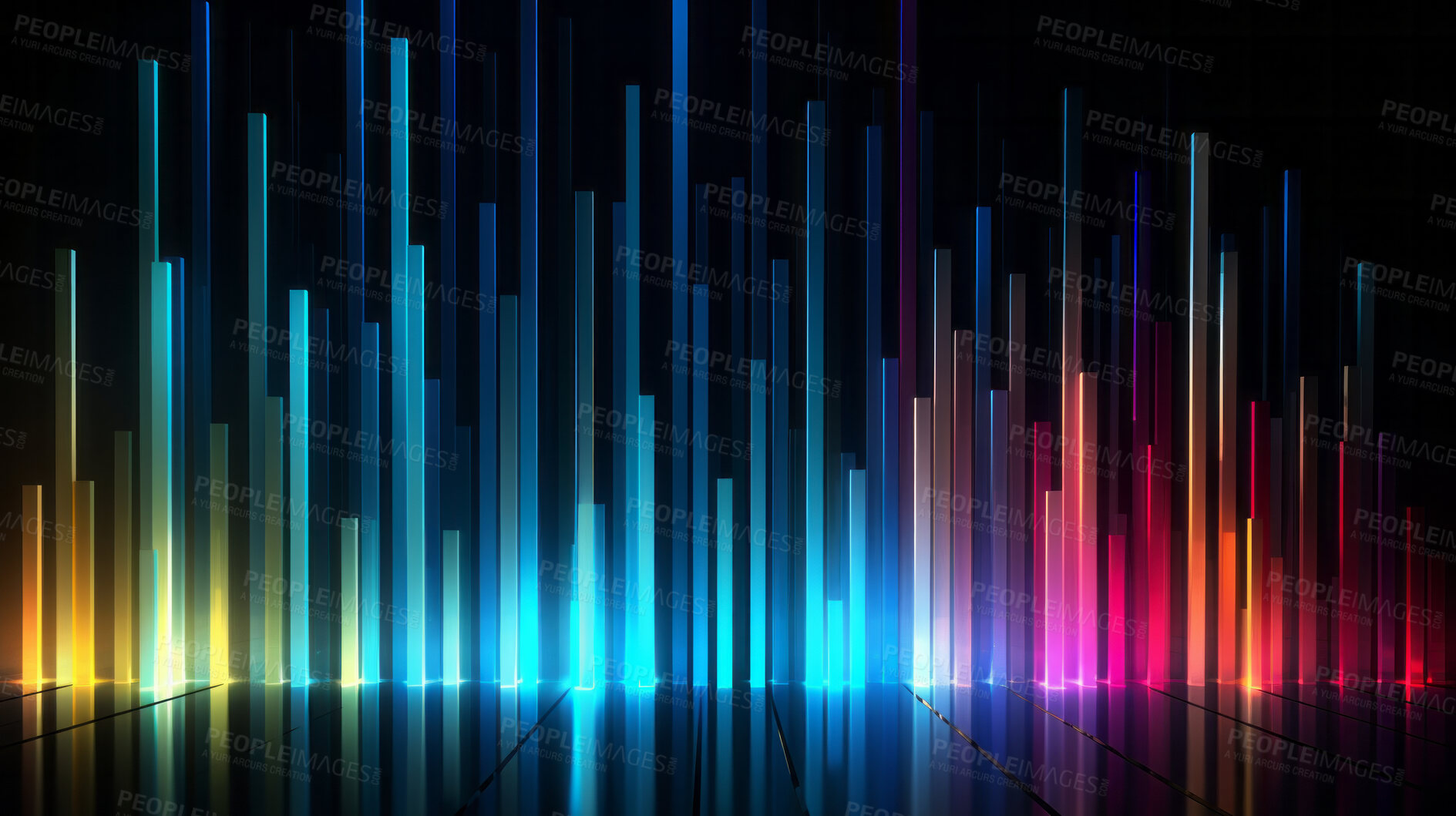 Buy stock photo Graph, lines and chart on a black background for business, statistics and marketing analysis. Colourful, abstract and spectrum of neon graphic for data, forex trading and music rainbow pattern