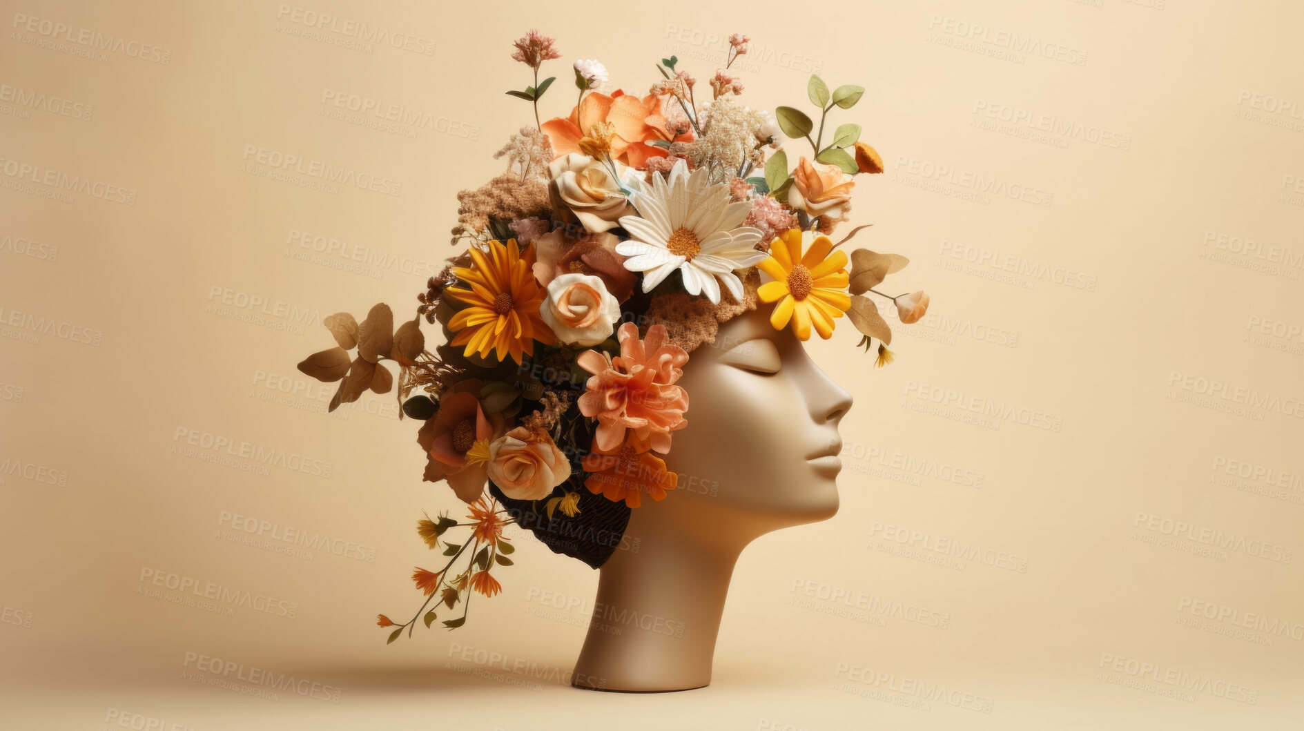 Buy stock photo Flowers, mental health and awareness sculpture of a head for brain, creativity and depression. Floral, colourful and 3d render design on a brown background for environmental, thinking, and dementia