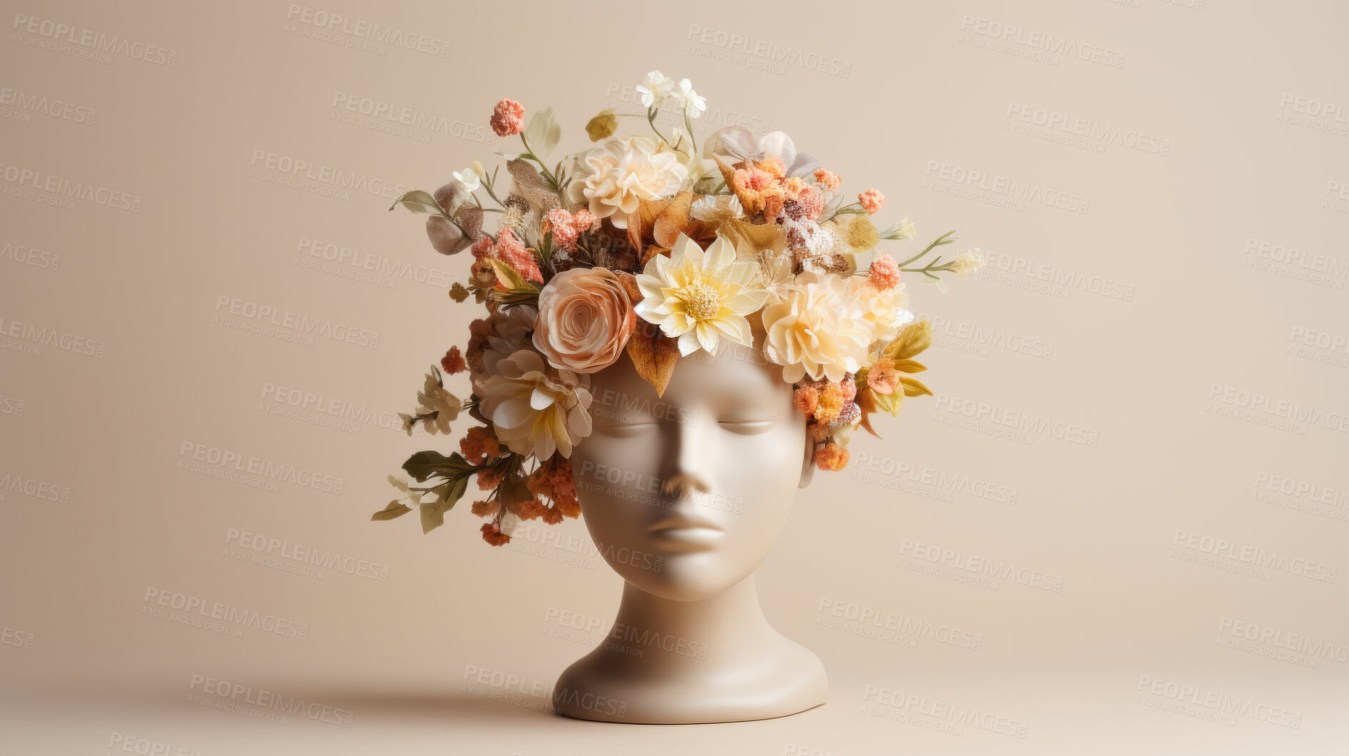 Buy stock photo Flowers, mental health and awareness sculpture of a head for brain, creativity and depression. Floral, colourful and 3d render design on a brown background for environmental, thinking, and dementia