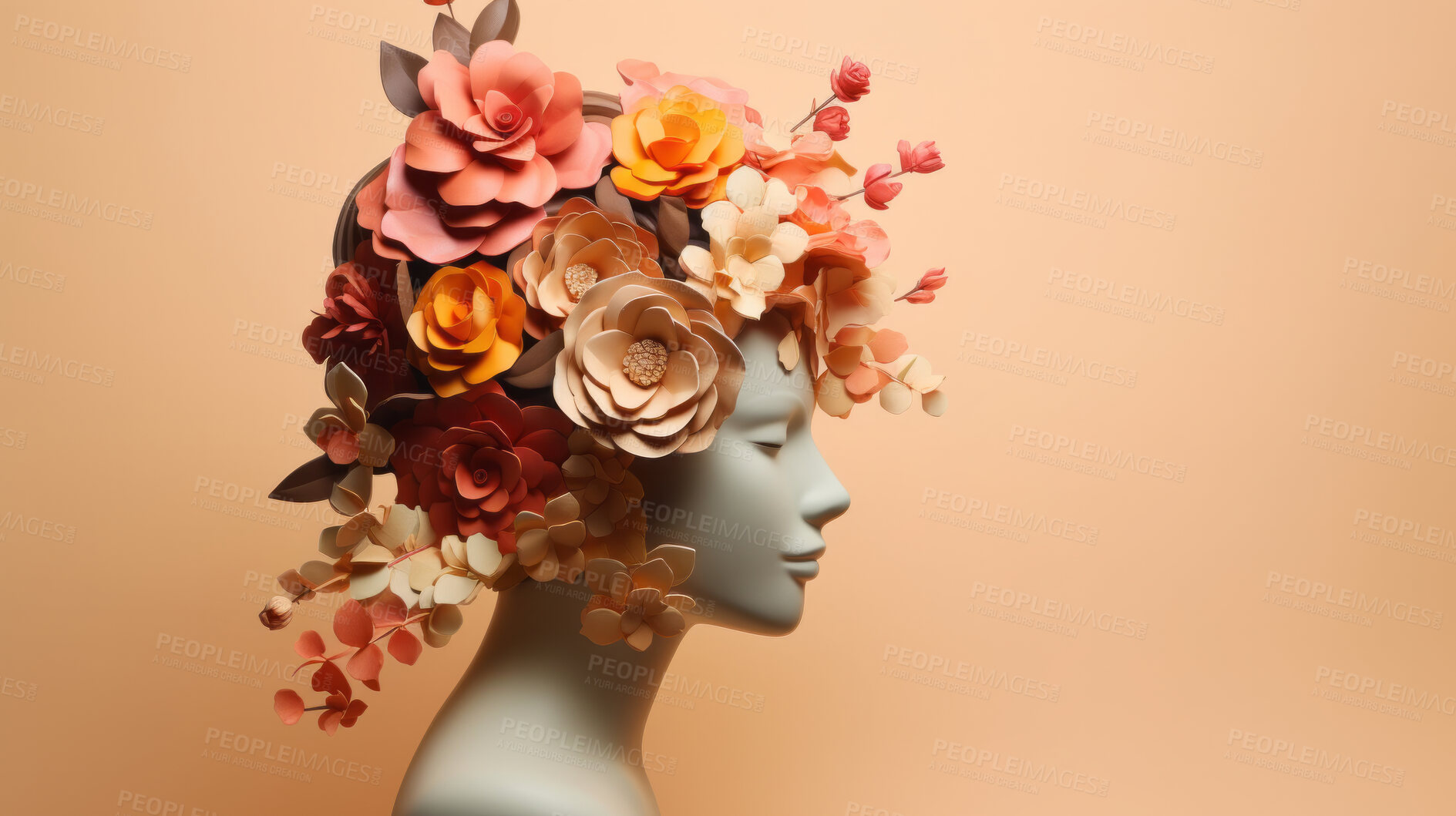 Buy stock photo Flowers, mental health and awareness sculpture of a head for brain, creativity and depression. Floral, colourful and 3d render design on a brown background for environmental, thinking, and dementia