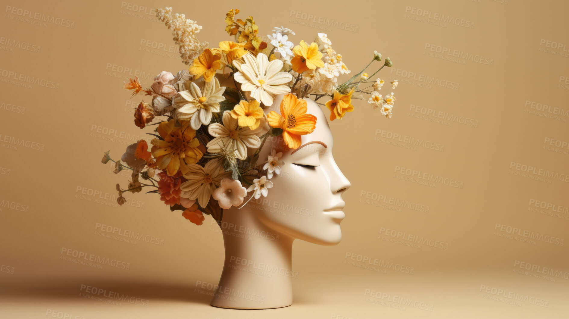 Buy stock photo Flowers, mental health and awareness sculpture of a head for brain, creativity and depression. Floral, colourful and 3d render design on a brown background for environmental, thinking, and dementia