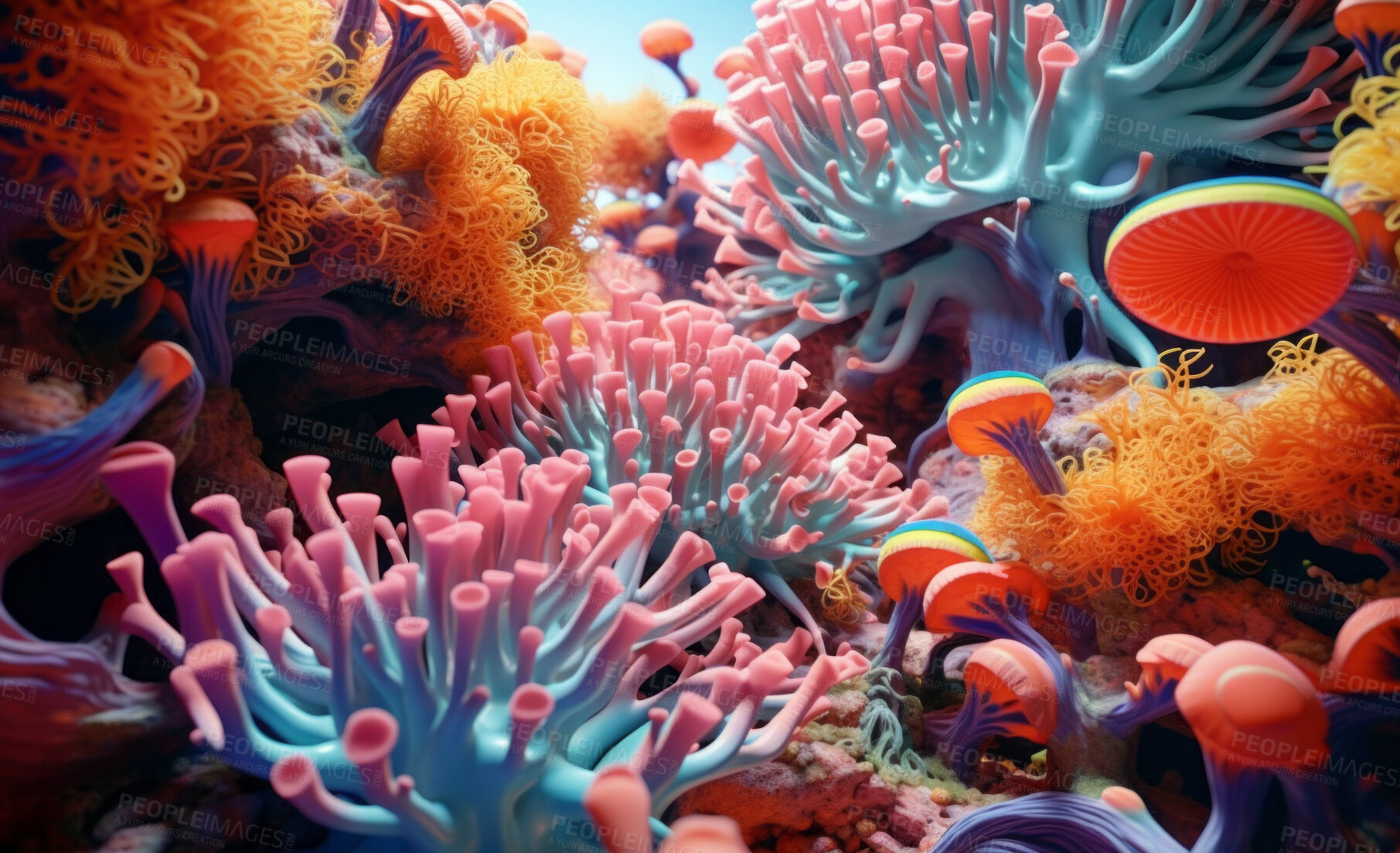 Buy stock photo Abstract, tropical and coral reef 3d render for creative wallpaper, background or mockup. Colourful, vibrant and closeup of pastel colour undersea diverse plants for design, graphic and aquarium