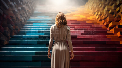 Business woman, back and walking on staircase to goals, success and corporate ladder for career growth. Rear view, determined or employee climbing rainbow path way to future achievement or leadership