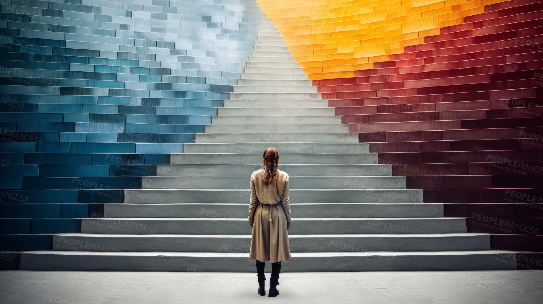 Buy stock photo Business woman, back and walking on staircase to goals, success and corporate ladder for career growth. Rear view, determined or employee climbing rainbow path way to future achievement or leadership