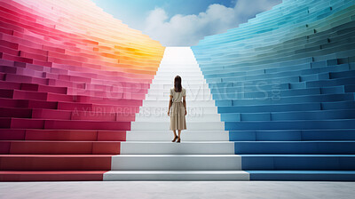 Business woman, back and walking on staircase to goals, success and corporate ladder for career growth. Rear view, determined or employee climbing rainbow path way to future achievement or leadership