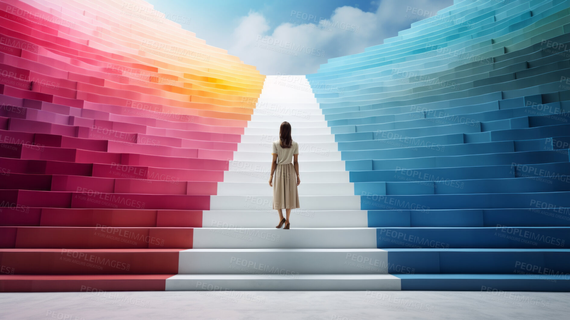 Buy stock photo Business woman, back and walking on staircase to goals, success and corporate ladder for career growth. Rear view, determined or employee climbing rainbow path way to future achievement or leadership