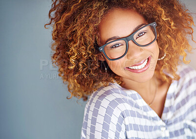 Buy stock photo Vision, smile and portrait of a woman with glasses for eye care in studio with mockup space. Happy, confidence and female model with prescription spectacles isolated by gray background with mock up.
