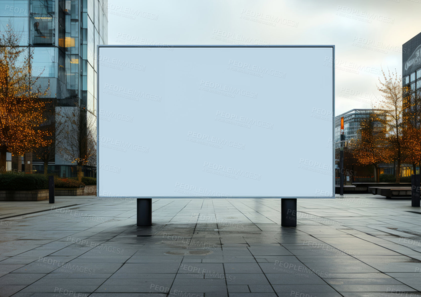 Buy stock photo Screen, mockup space and advertising billboard, commercial product or logo design in city. Empty poster for brand marketing, multimedia and communication with announcement, urban and banner outdoor